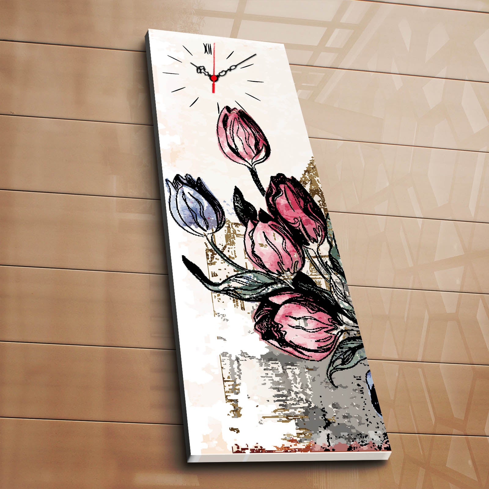Relógio de Parede Decorativo em Canvas Suede 100% 30x90 cm Multicolor com Moldura de Madeira – 3090CS-32