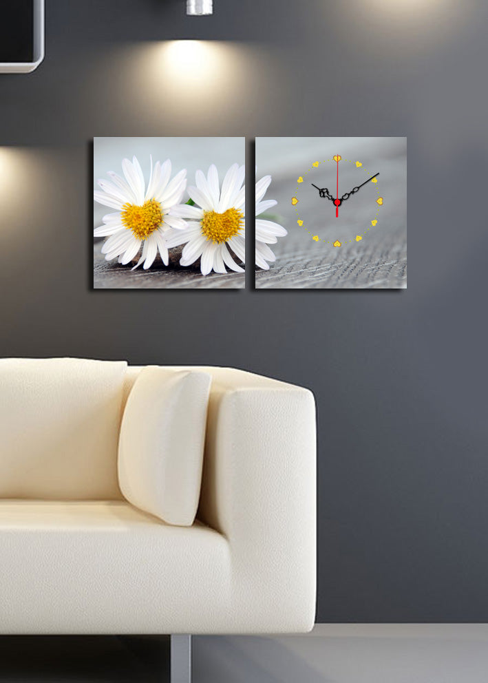 Relógio de Parede em Tela Decorativa (2 Peças) – Multicolor, Suede 100%, 28x28 cm cada, Moldura de Madeira 3 cm