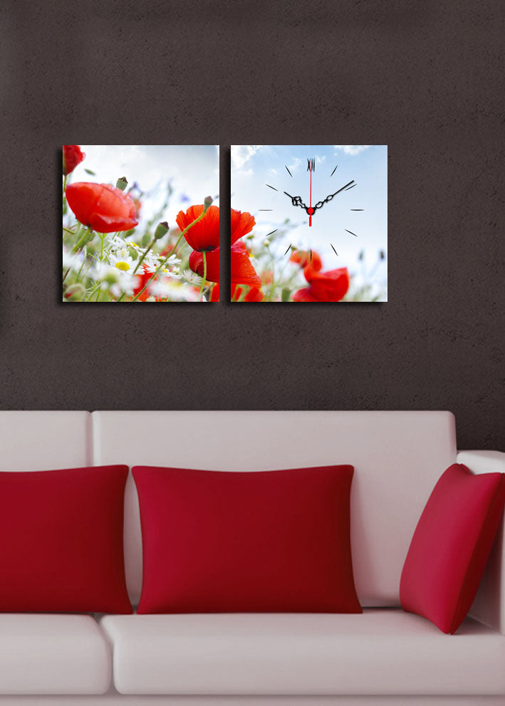 Relógio de Parede Decorativo em Tela Suede 100% (2 Peças) Multicolor – 28x28 cm cada, Moldura de Madeira