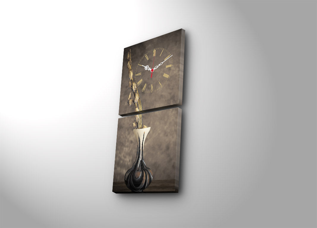 Relógio de Parede em Tela Decorativa (2 Peças) Multicolor – Tela Suede 100%, Moldura de Madeira 3 cm, 28x28 cm (cada), Total 60x28 cm – 2P2828CS-20