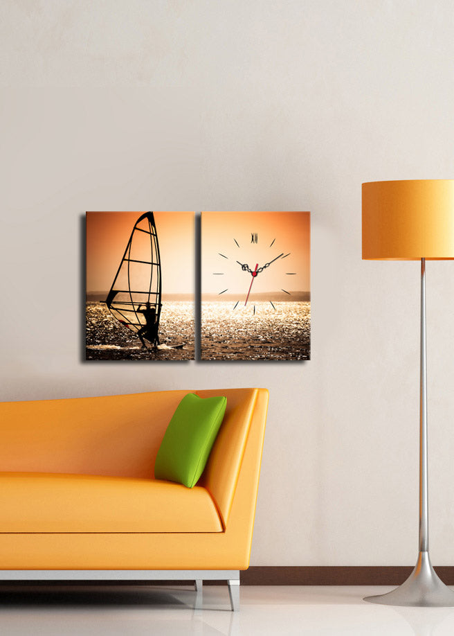 Relógio de Parede em Tela Decorativa Multicolor (2 Peças) 30x40 cm cada, Total 64x40 cm, Tela Suede 100%, Moldura de Madeira 3 cm – 2P3040CS-96