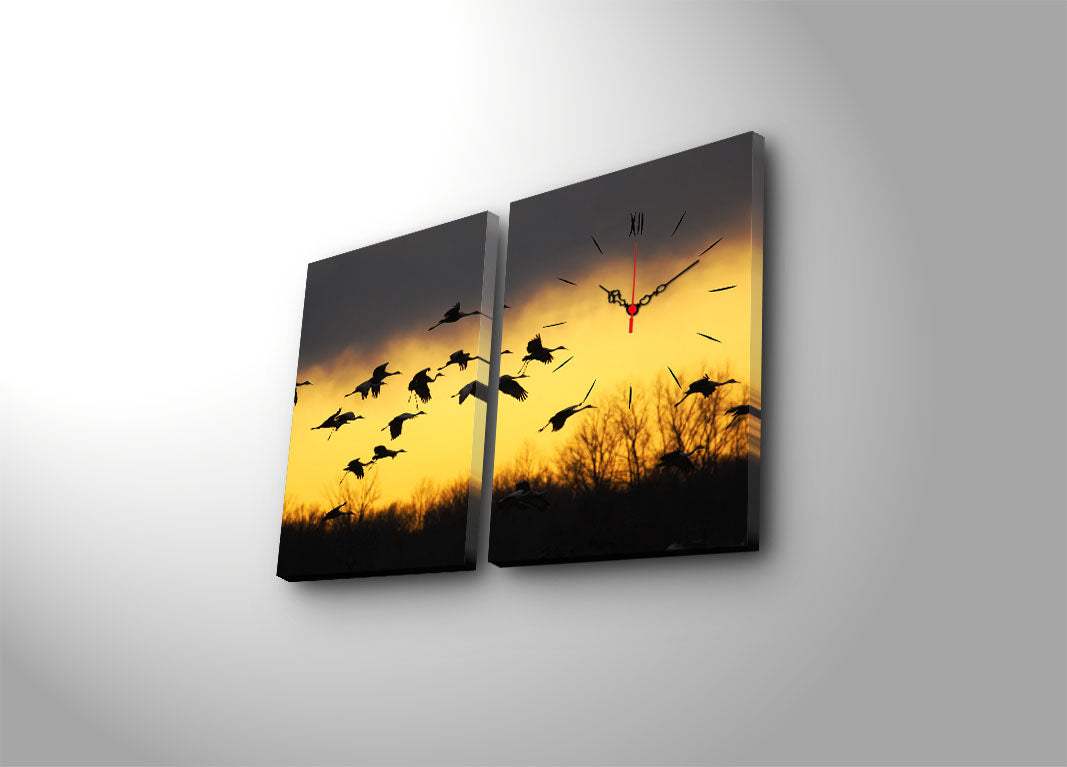 Relógio de Parede em Tela Decorativa (2 Peças) Multicolor 30x40 cm — Total 64x40 — Suede 100% — Moldura de Madeira 3 cm | 2P3040CS-98