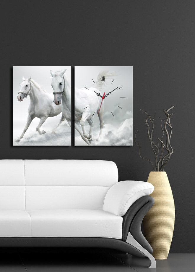 Relógio de Parede em Tela Suede Multicolor (2 Peças) – 30x40 cm cada, Moldura de Madeira 3 cm