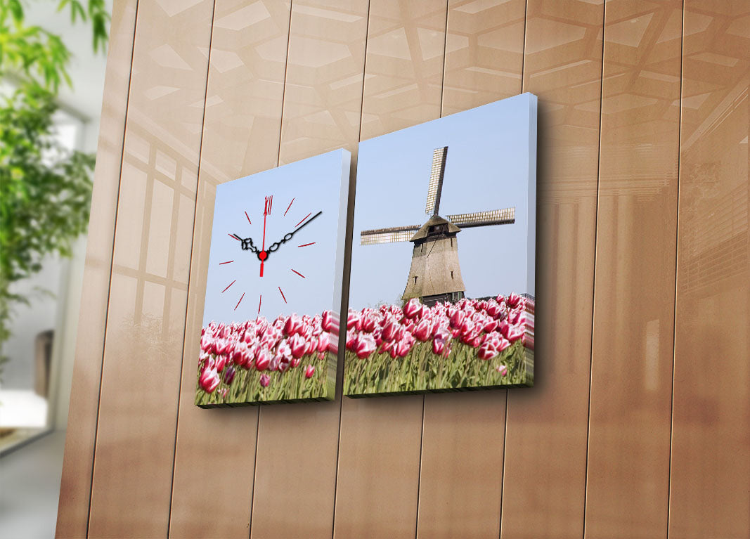 Relógio de Parede em Tela Decorativa (2 Peças) Multicolor 30x40 cm cada, Total 64x40 cm, Tela Suede 100%, Moldura de Madeira 3 cm – 2P3040CS-120