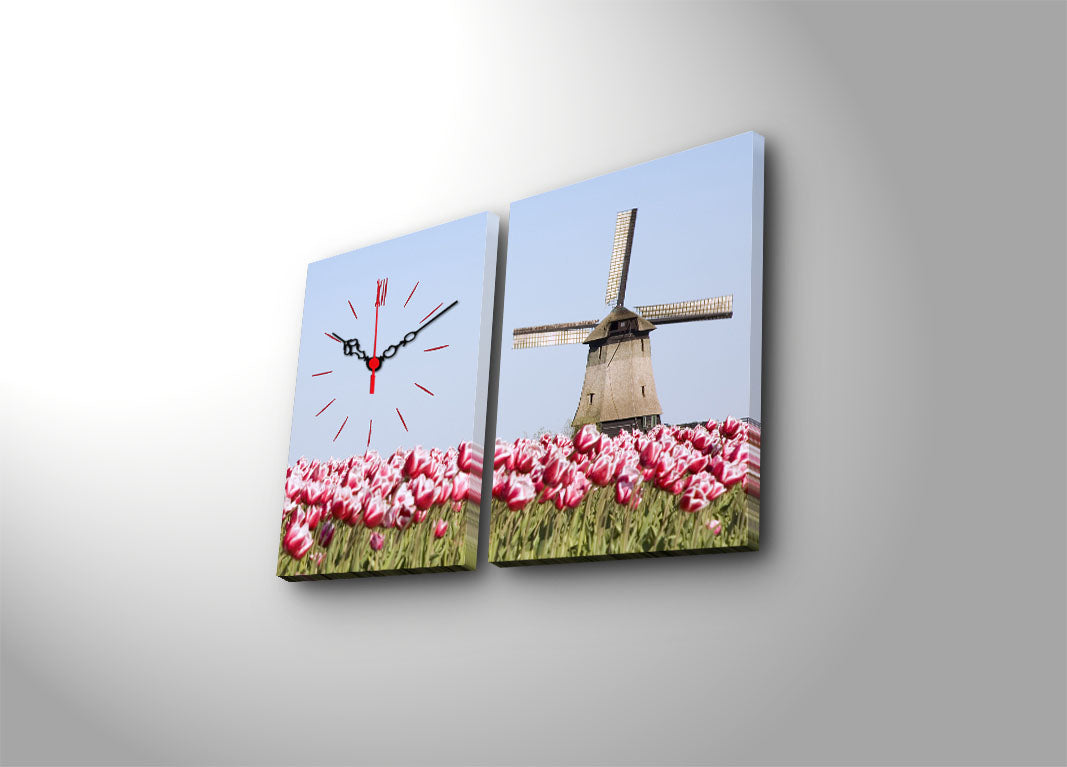 Relógio de Parede em Tela Decorativa (2 Peças) Multicolor 30x40 cm cada, Total 64x40 cm, Tela Suede 100%, Moldura de Madeira 3 cm – 2P3040CS-120