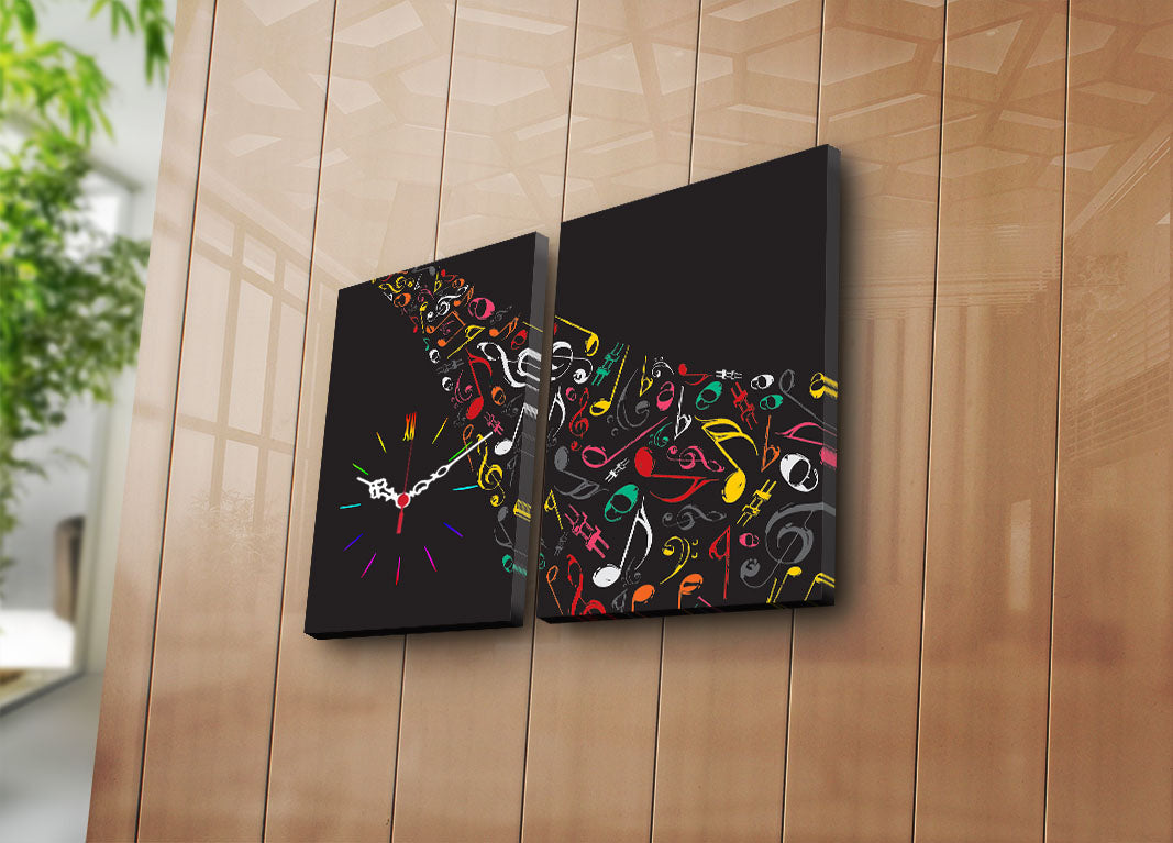 Relógio de Parede em Tela Decorativa (2 Peças) 2P3040CS-121, Multicolor – Suede 100%, Moldura de Madeira 3 cm, 30x40 cm cada (Total 64x40 cm)