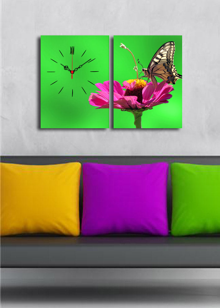 Relógio de Parede Decorativo em Tela Suede – Conjunto 2 Peças Multicolor, 30x40 cm (cada), Moldura de Madeira 3 cm