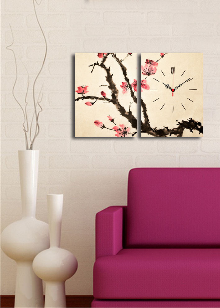Relógio de Parede em Tela Decorativa Multicolor (2 Peças) 30x40 cm cada, Total 64x40 cm, Suede Canvas, Moldura de Madeira 3 cm – 2P3040CS-126