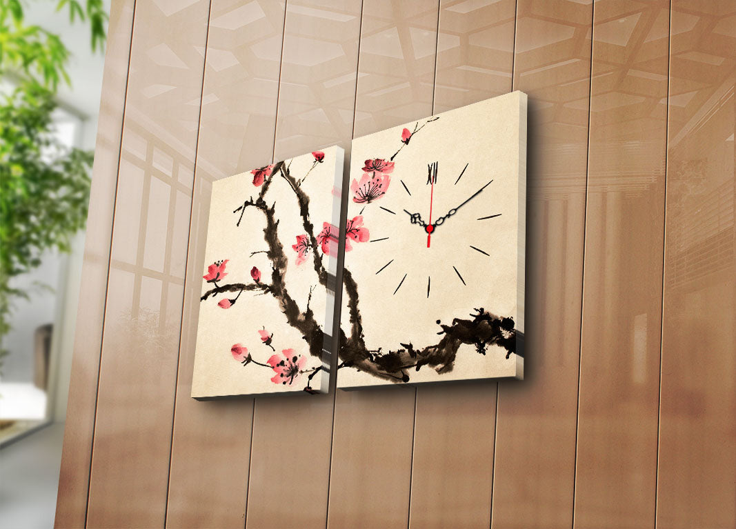 Relógio de Parede em Tela Decorativa Multicolor (2 Peças) 30x40 cm cada, Total 64x40 cm, Suede Canvas, Moldura de Madeira 3 cm – 2P3040CS-126
