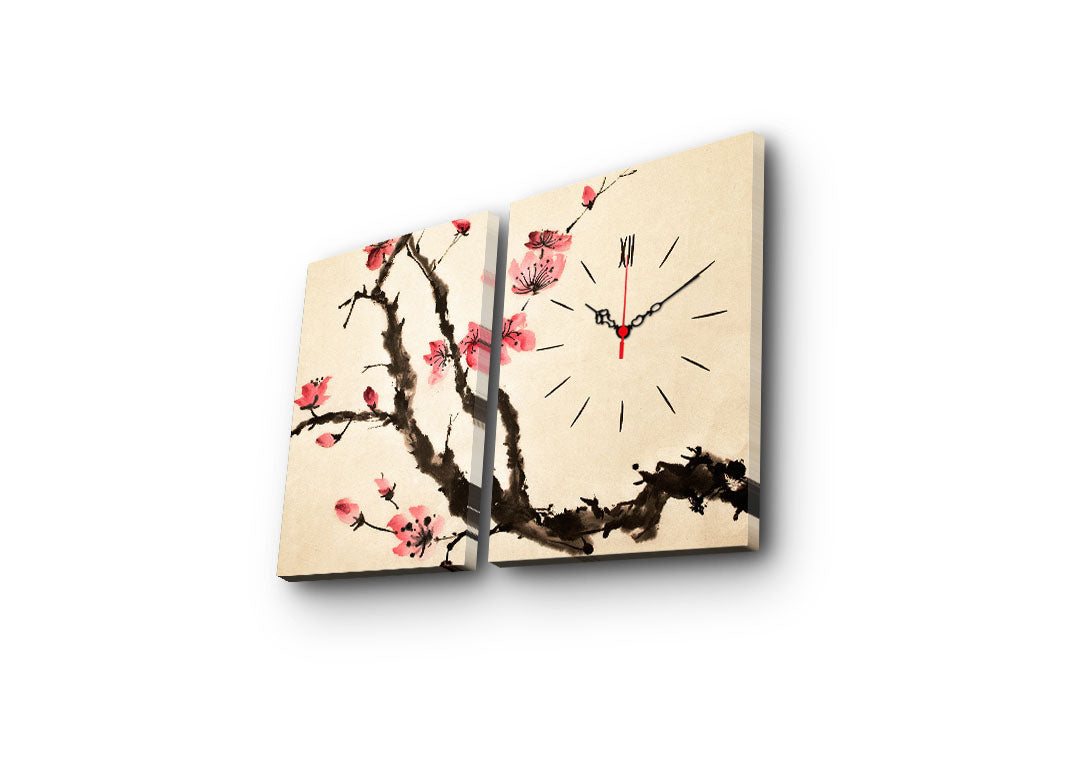 Relógio de Parede em Tela Decorativa Multicolor (2 Peças) 30x40 cm cada, Total 64x40 cm, Suede Canvas, Moldura de Madeira 3 cm – 2P3040CS-126