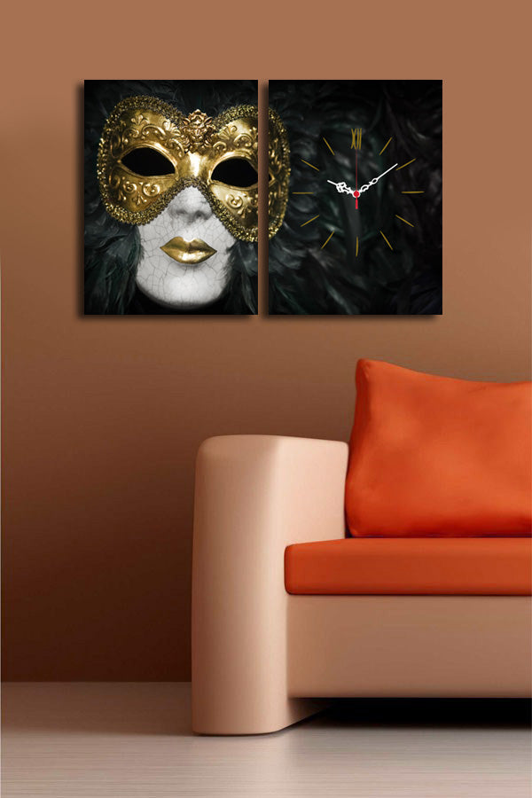 Relógio de Parede em Tela Suede Decorativa (2 Peças) — Multicolor, 30x40 cm cada, Total 64x40 cm, Moldura de Madeira