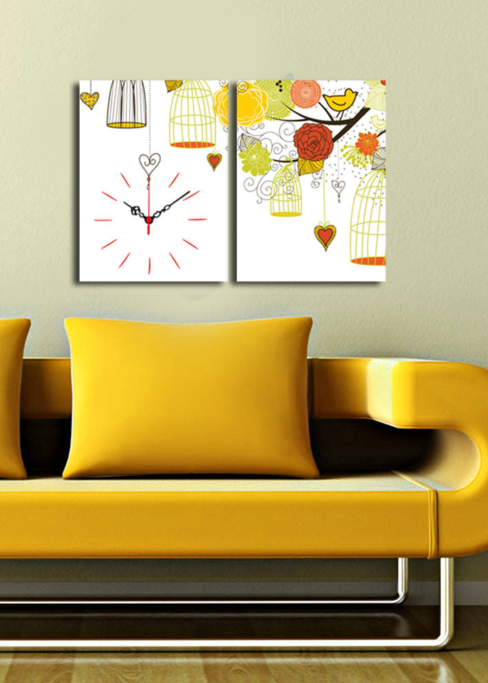 Relógio de Parede em Tela Suede Multicolor — Conjunto 2 Peças 30x40 cm (total 64x40 cm), Moldura de Madeira 3 cm (2P3040CS-132)