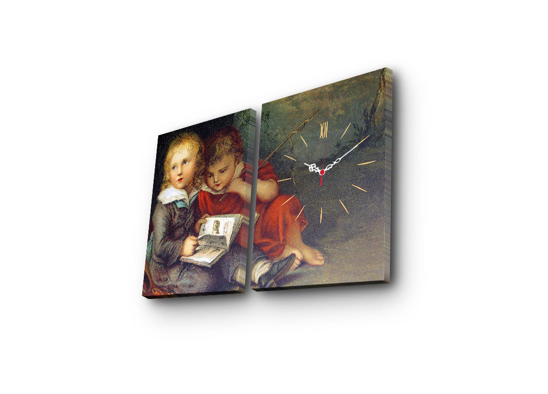 Relógio de Parede Decorativo em Tela Suede – Conjunto 2 Peças, Multicolor, 30x40 cm (cada), Total 64x40 cm, Moldura de Madeira 3 cm