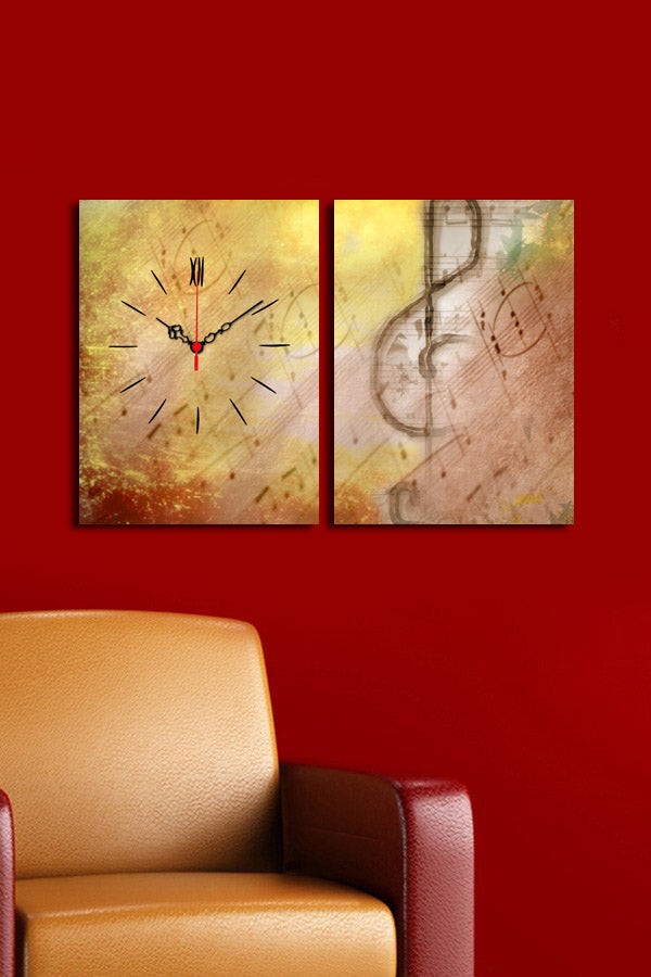 Relógio de Parede em Tela Suede Multicolor – Conjunto de 2 Peças, Moldura de Madeira, 30x40 cm (cada), Total 64x40 cm