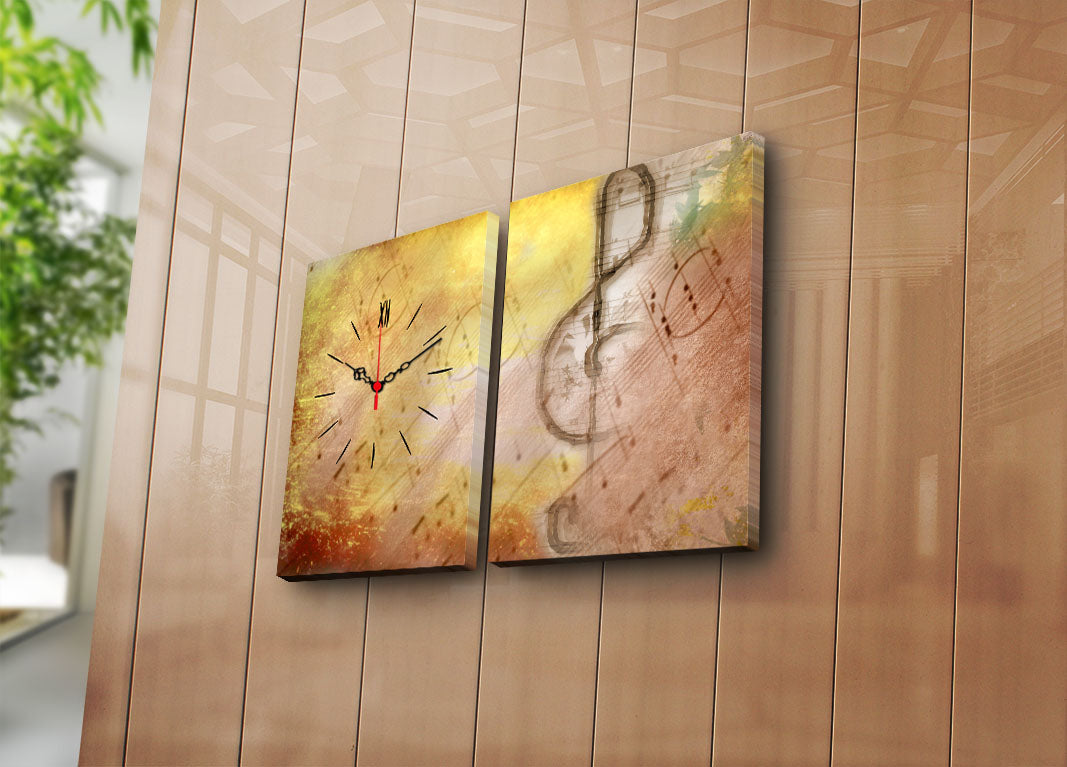 Relógio de Parede em Tela Suede Multicolor – Conjunto de 2 Peças, Moldura de Madeira, 30x40 cm (cada), Total 64x40 cm