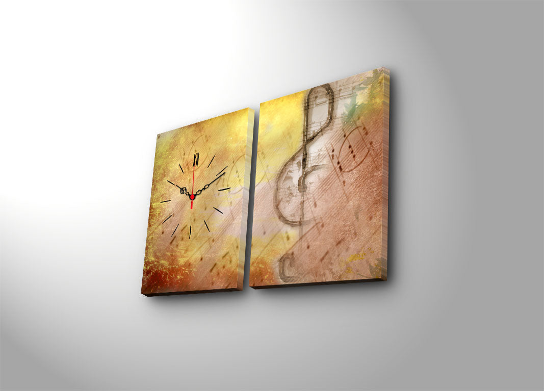 Relógio de Parede em Tela Suede Multicolor – Conjunto de 2 Peças, Moldura de Madeira, 30x40 cm (cada), Total 64x40 cm
