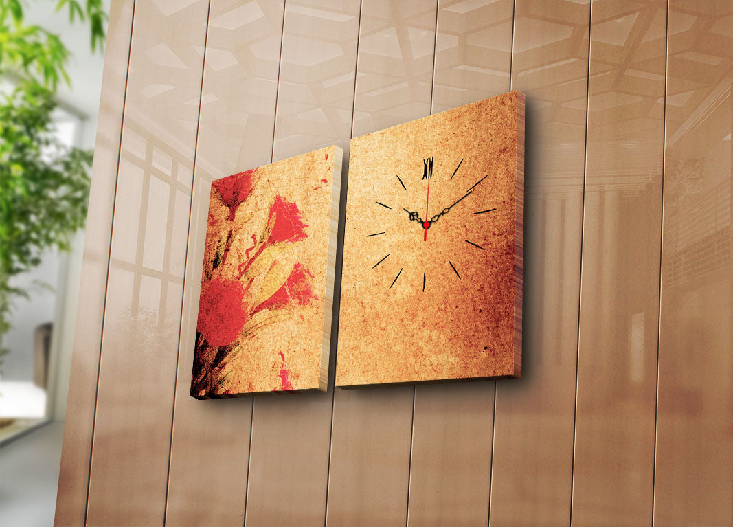 Relógio de Parede em Tela Decorativa (Conjunto 2 Peças) Multicolor, 30x40 cm cada (Total 64x40), Canvas tipo camurça 100% com Moldura de Madeira 3 cm