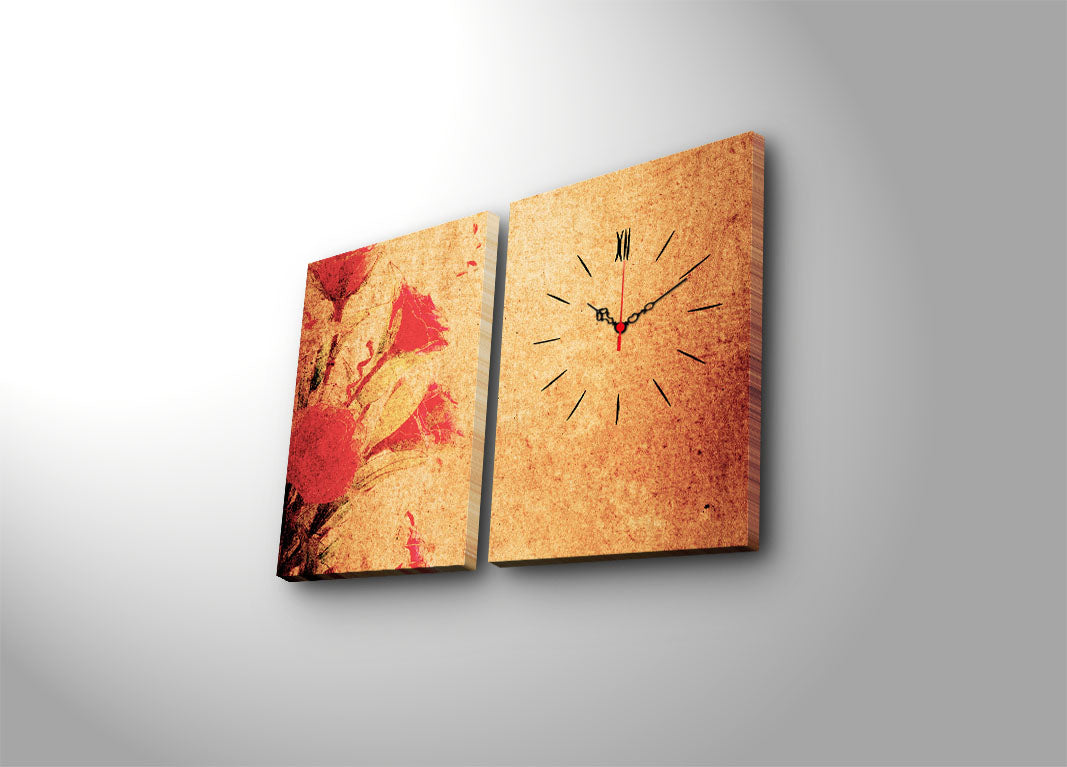 Relógio de Parede em Tela Decorativa (Conjunto 2 Peças) Multicolor, 30x40 cm cada (Total 64x40), Canvas tipo camurça 100% com Moldura de Madeira 3 cm
