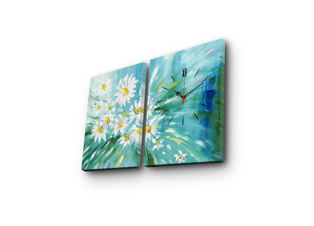 Relógio de Parede em Tela Decorativa Multicolor – Conjunto de 2 Peças 30x40 cm (Total 64x40) | Tela de Camurça 100% e Moldura de Madeira 3 cm – 2P3040CS-139