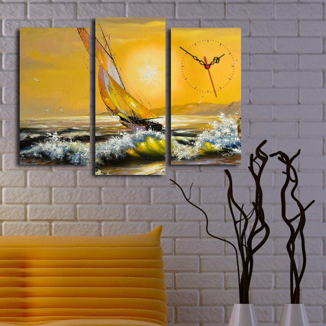 Relógio de Parede Decorativo em Tela Suede – Conjunto 3 Peças Multicolor com Moldura de Madeira, 66 x 45 cm
