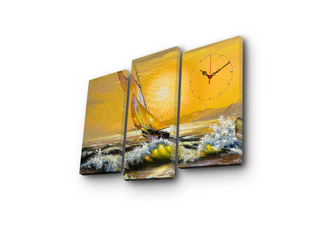 Relógio de Parede Decorativo em Tela Suede – Conjunto 3 Peças Multicolor com Moldura de Madeira, 66 x 45 cm