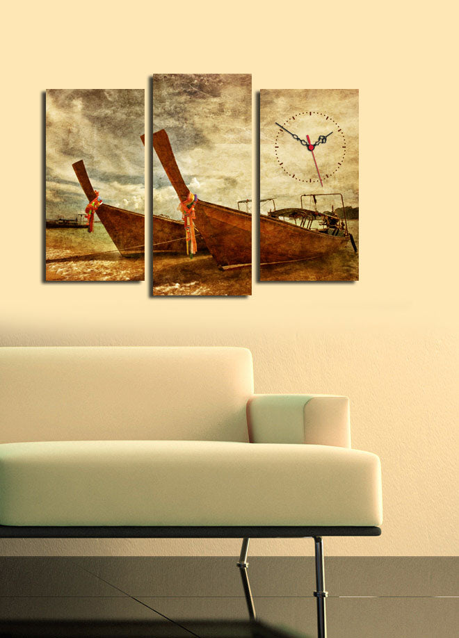 Relógio de Parede em Tela Decorativa (3 Peças) Multicolor – Suede 100% com Moldura de Madeira, Tamanho Total 66 x 45 cm
