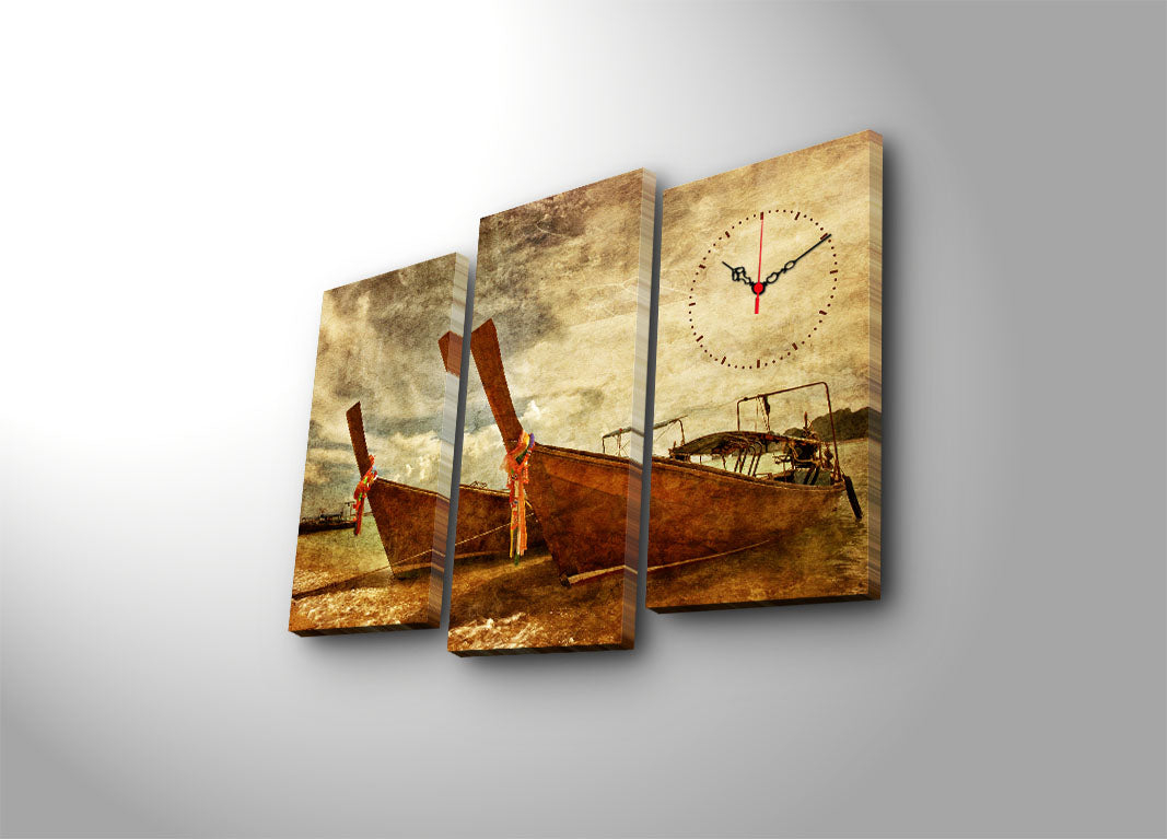 Relógio de Parede em Tela Decorativa (3 Peças) Multicolor – Suede 100% com Moldura de Madeira, Tamanho Total 66 x 45 cm