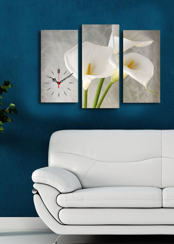 Relógio de Parede Decorativo em Tela Suede (Conjunto 3 Peças) – Multicolor, Moldura de Madeira, 66x45 cm