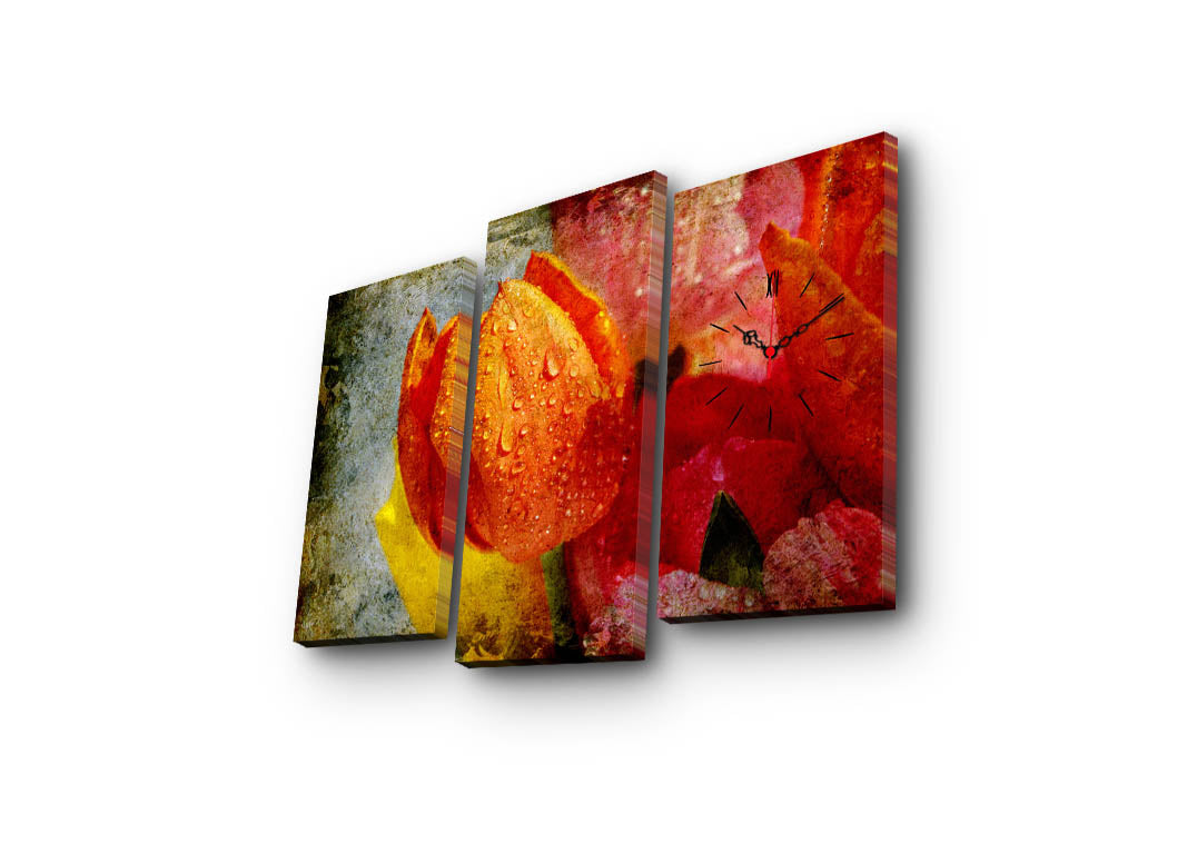 Relógio de Parede Decorativo em Tela Suede Multicolor – Conjunto de 3 Peças, Moldura 100% Madeira, 66 x 45 cm (3PATCS-22)