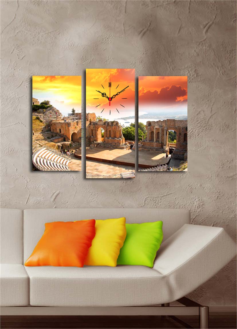 Relógio de Parede em Tela Decorativa Multicolor (3 Peças) – 3PATCS-23, Suede 100%, Moldura de Madeira 3 cm, 66 x 45 cm