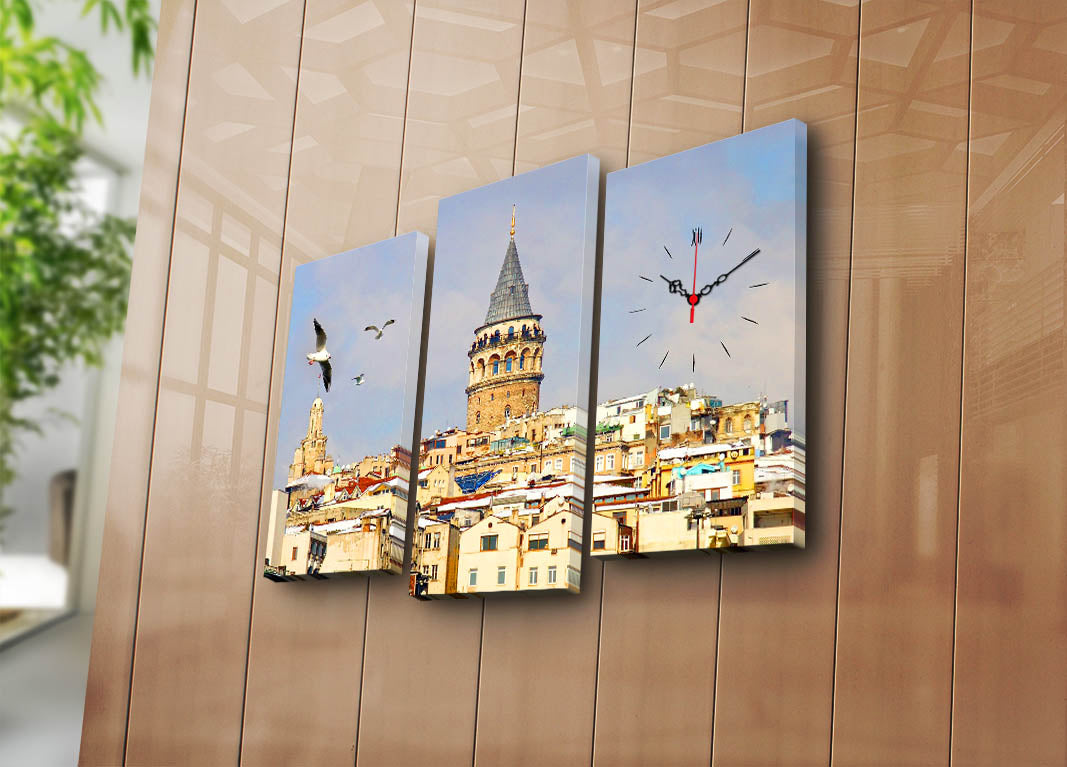Relógio de Parede em Tela Decorativa 3 Peças Multicolor – Tela de Camurça 100% e Moldura de Madeira, 66 x 45 cm