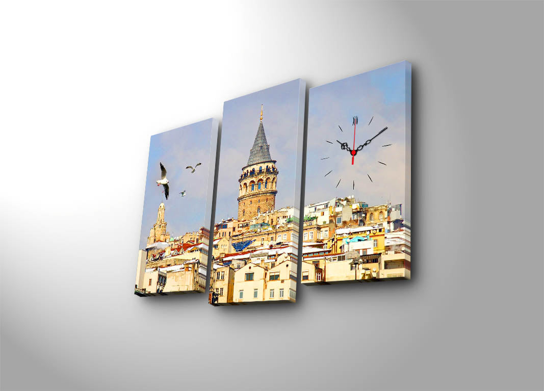 Relógio de Parede em Tela Decorativa 3 Peças Multicolor – Tela de Camurça 100% e Moldura de Madeira, 66 x 45 cm