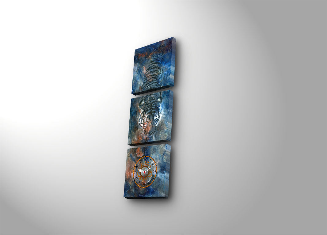Relógio de Parede Decorativo em Tela Suede 100% – Conjunto 3 Peças Multicolor, 28x28 cm cada, Moldura em Madeira