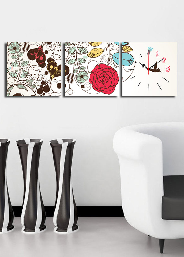 Relógio de Parede Decorativo em Tela Suede 100% – Multicolor, 3 Peças (28 x 28 cm), Total 90 x 28 cm, Moldura de Madeira 3 cm