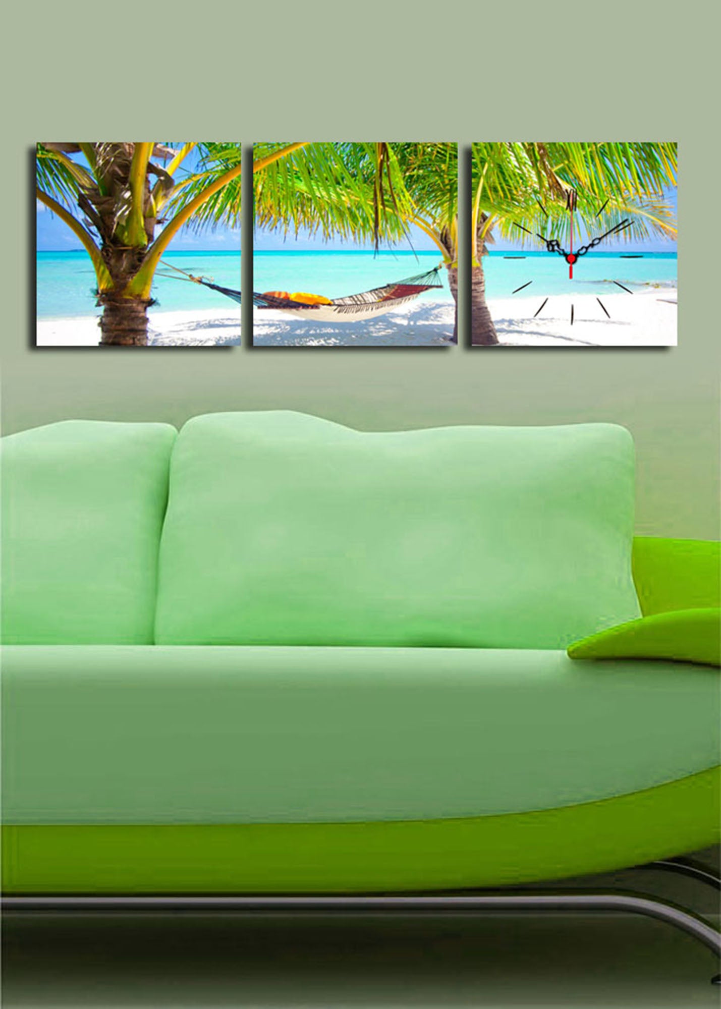 Relógio de Parede em Tela Decorativa 3 Peças, Multicolor, 28x28 cm cada (90x28 cm total), Tela Camurça 100%, Moldura de Madeira 3 cm