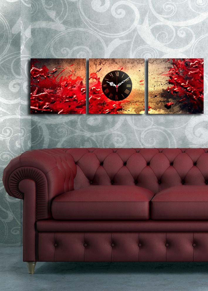Relógio de Parede em Tela (3 Peças) Multicolor — Suede 100% e Moldura 100% Madeira, 28x28 cm cada (90x28 cm total)