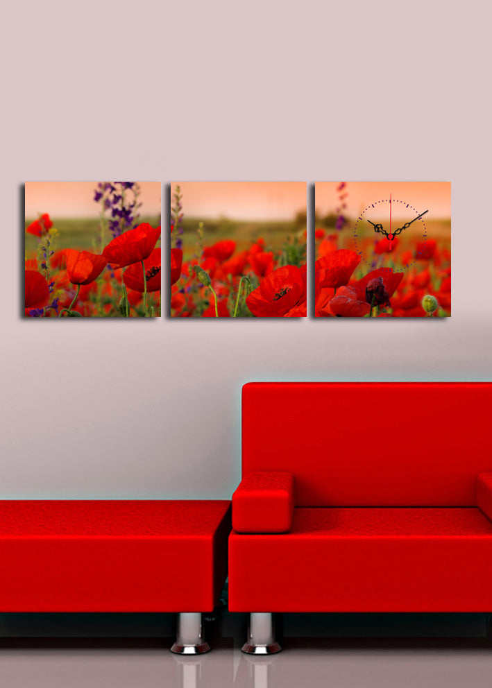 Relógio de Parede em Tela Suede 100% – Conjunto 3 Peças Multicolor, 28x28 cm (cada), Total 90x28 cm, Moldura de Madeira 3 cm – 3P2828CS-11