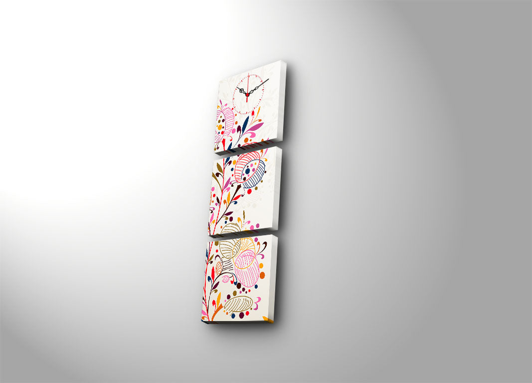 Relógio de Parede em Tela (3 Peças) 28x28 cm – Multicolor – Canvas Suede 100% e Moldura de Madeira