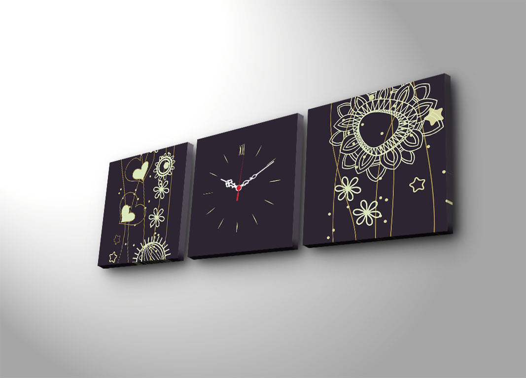 Relógio de Parede Decorativo em Tela Suede – Conjunto 3 Peças Multicolor (28x28 cm cada, 90x28 cm total) com Moldura de Madeira 3 cm