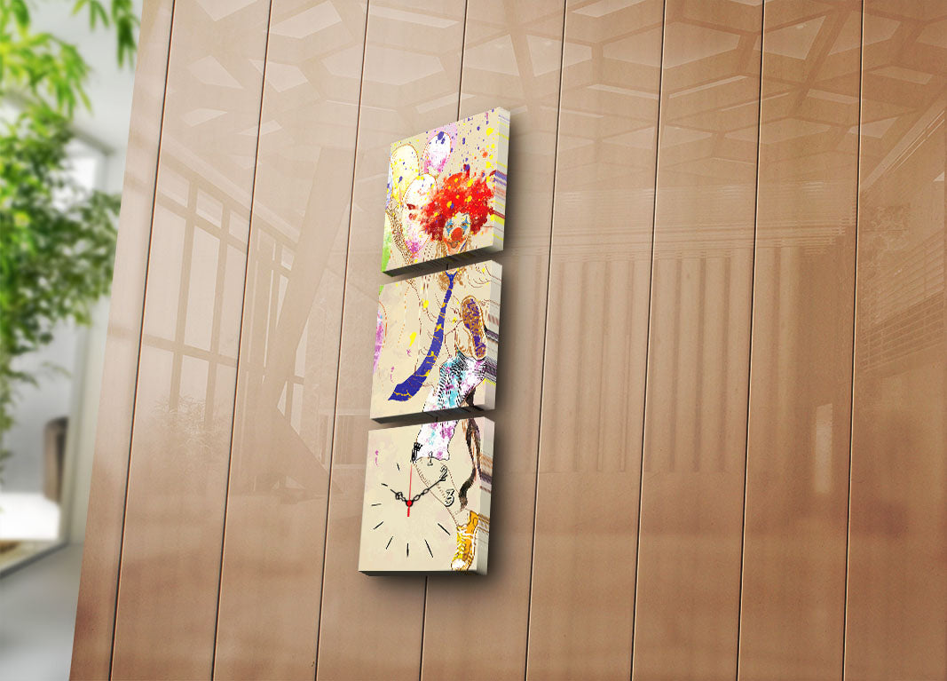 Relógio de Parede em Tela Decorativa Multicolor (3 Peças) — 28x28 cm cada, Tela 100% Camurça, Moldura de Madeira 3 cm