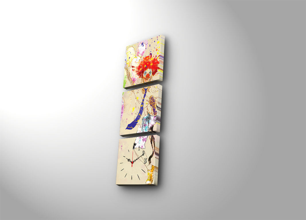 Relógio de Parede em Tela Decorativa Multicolor (3 Peças) — 28x28 cm cada, Tela 100% Camurça, Moldura de Madeira 3 cm