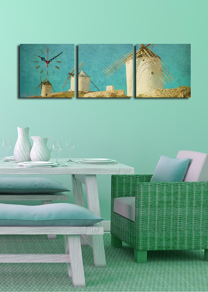Relógio de Parede em Tela Suede (3 Peças) – Multicolorido, Moldura 100% Madeira, 28x28 cm cada (Total 90x28)