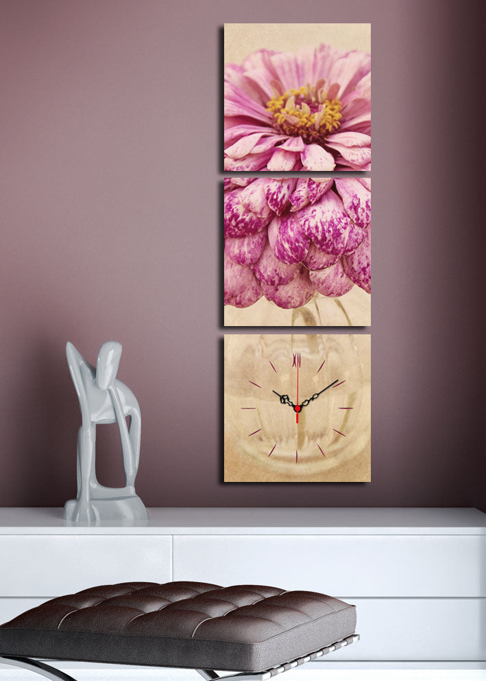 Relógio de Parede Decorativo em Tela, 3 Peças Multicor – 3x 28x28 cm (90x28 cm), Suede 100% e Moldura de Madeira 3 cm