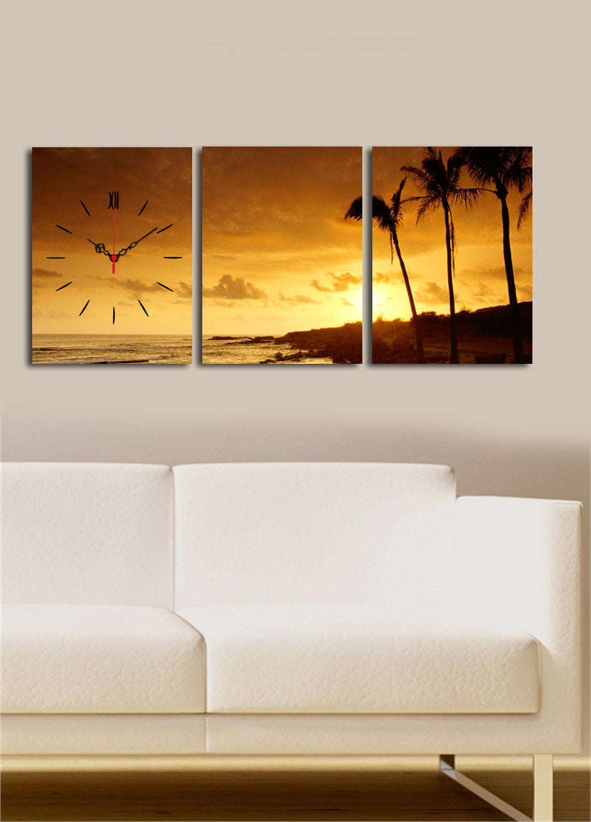 Relógio de Parede Decorativo em Tela Suede (3 Peças) Multicolor — 30 x 40 cm cada, 96 x 40 cm total, Moldura de Madeira 3 cm