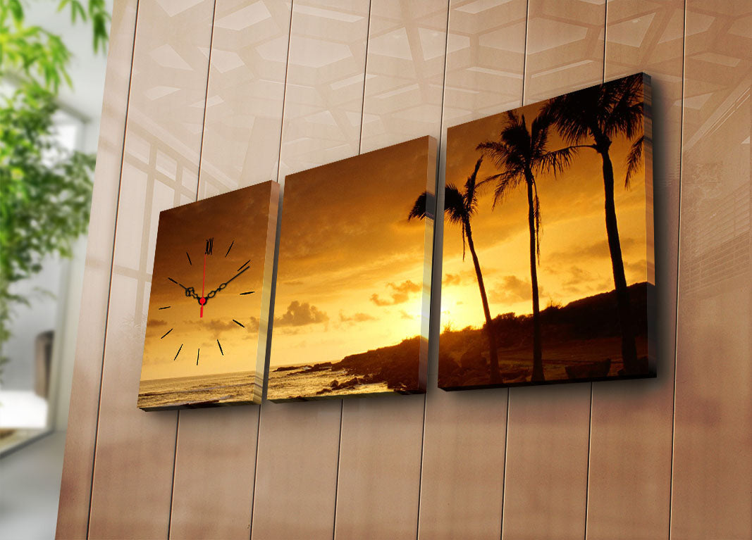 Relógio de Parede Decorativo em Tela Suede (3 Peças) Multicolor — 30 x 40 cm cada, 96 x 40 cm total, Moldura de Madeira 3 cm