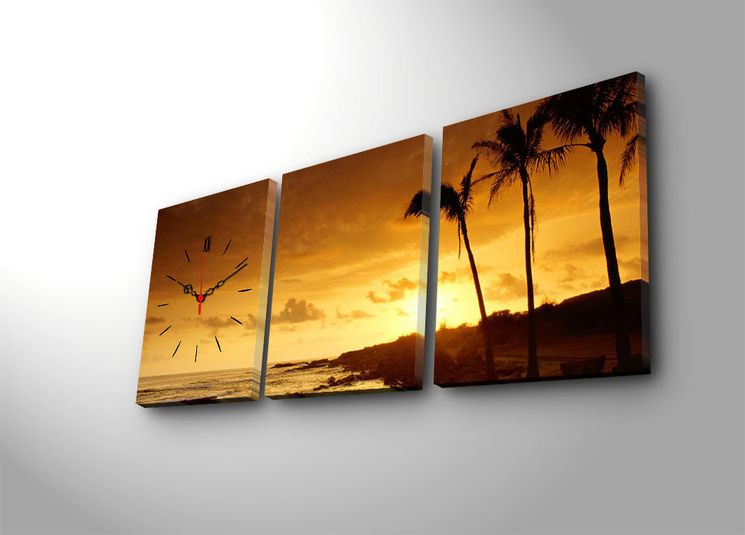 Relógio de Parede Decorativo em Tela Suede (3 Peças) Multicolor — 30 x 40 cm cada, 96 x 40 cm total, Moldura de Madeira 3 cm