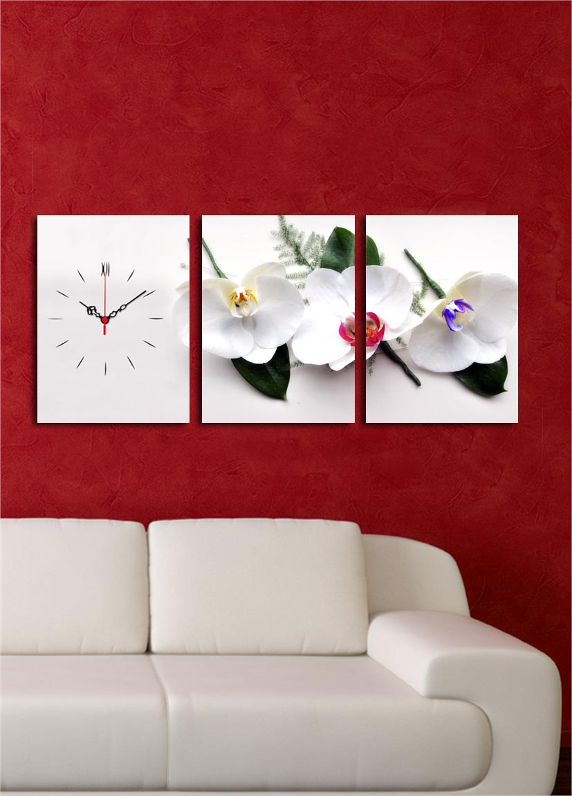 Relógio de Parede em Tela Decorativa Multicolor (3 Peças) – 30x40 cm cada, Total 96x40 cm, Tela de Camurça 100%, Moldura de Madeira 3 cm – 3P3040CS-13