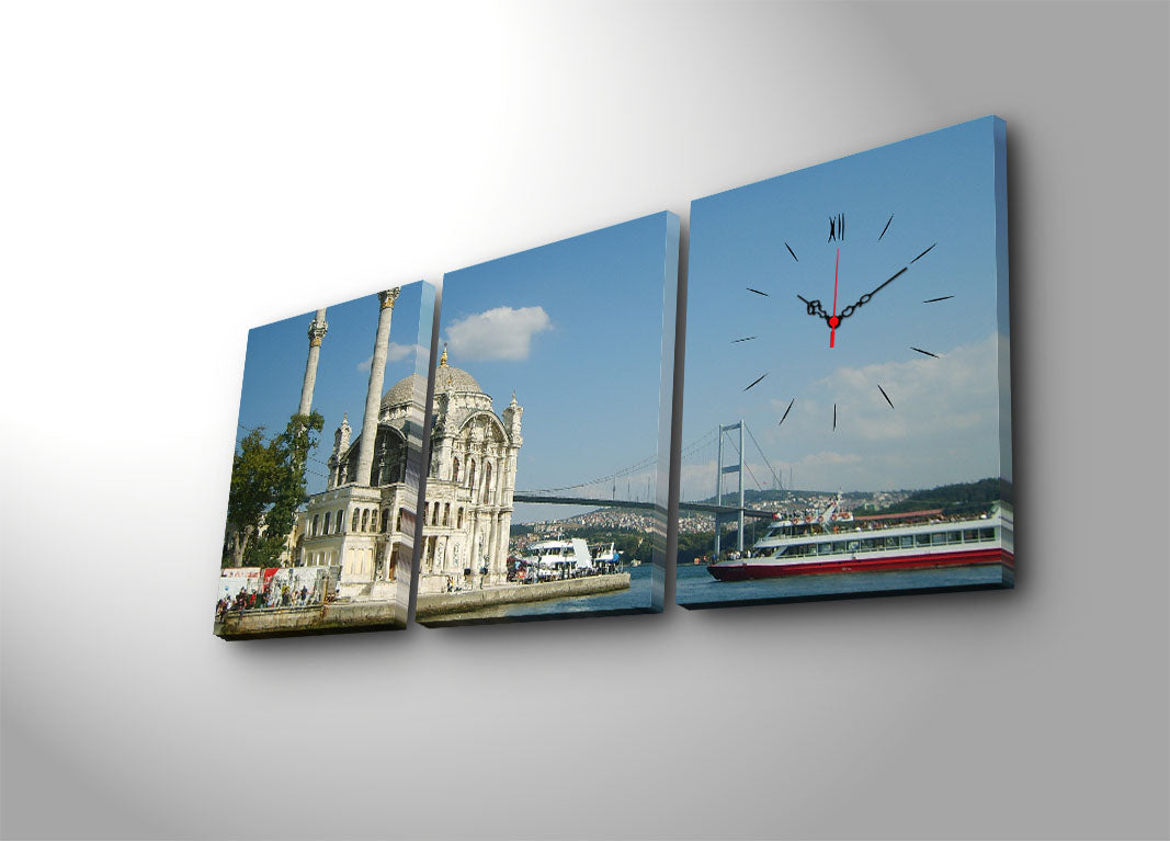 Relógio de Parede em Tela Decorativa (3 Peças) Multicolor – 30x40 cm cada, Total 96x40 cm, Tela Suede 100%, Moldura de Madeira 3 cm – 3P3040CS-24
