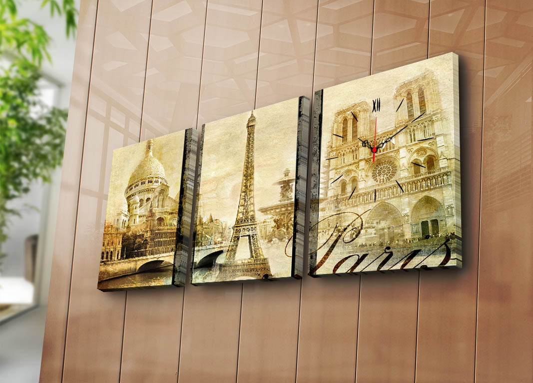 Relógio de Parede em Tela Decorativa Multicolor (3 Peças) – 30x40 cm cada, Total 96x40 cm – Tela de Camurça 100% com Moldura de Madeira 3 cm
