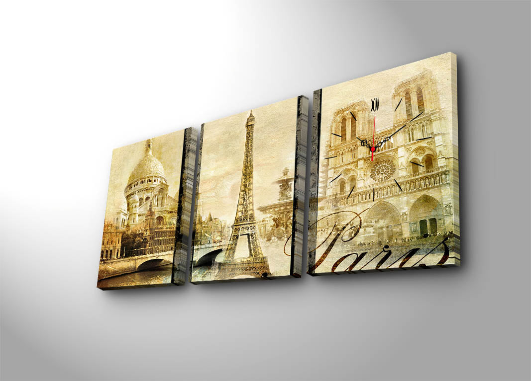 Relógio de Parede em Tela Decorativa Multicolor (3 Peças) – 30x40 cm cada, Total 96x40 cm – Tela de Camurça 100% com Moldura de Madeira 3 cm